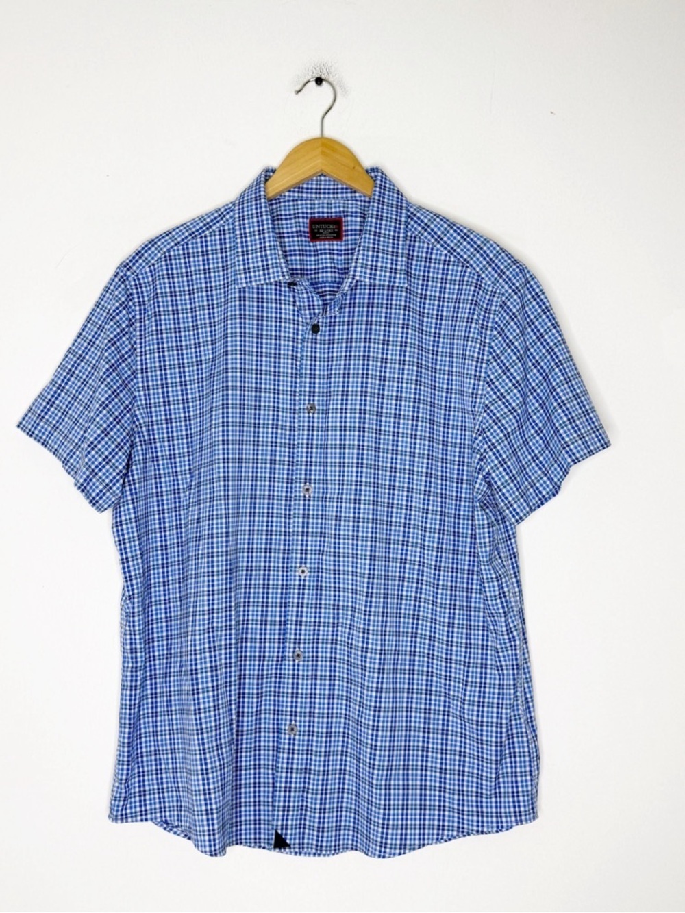 UNTUCKit Short Sleeve Nealer Shirt XXL Slim Fit Blue Check Performance Button Up